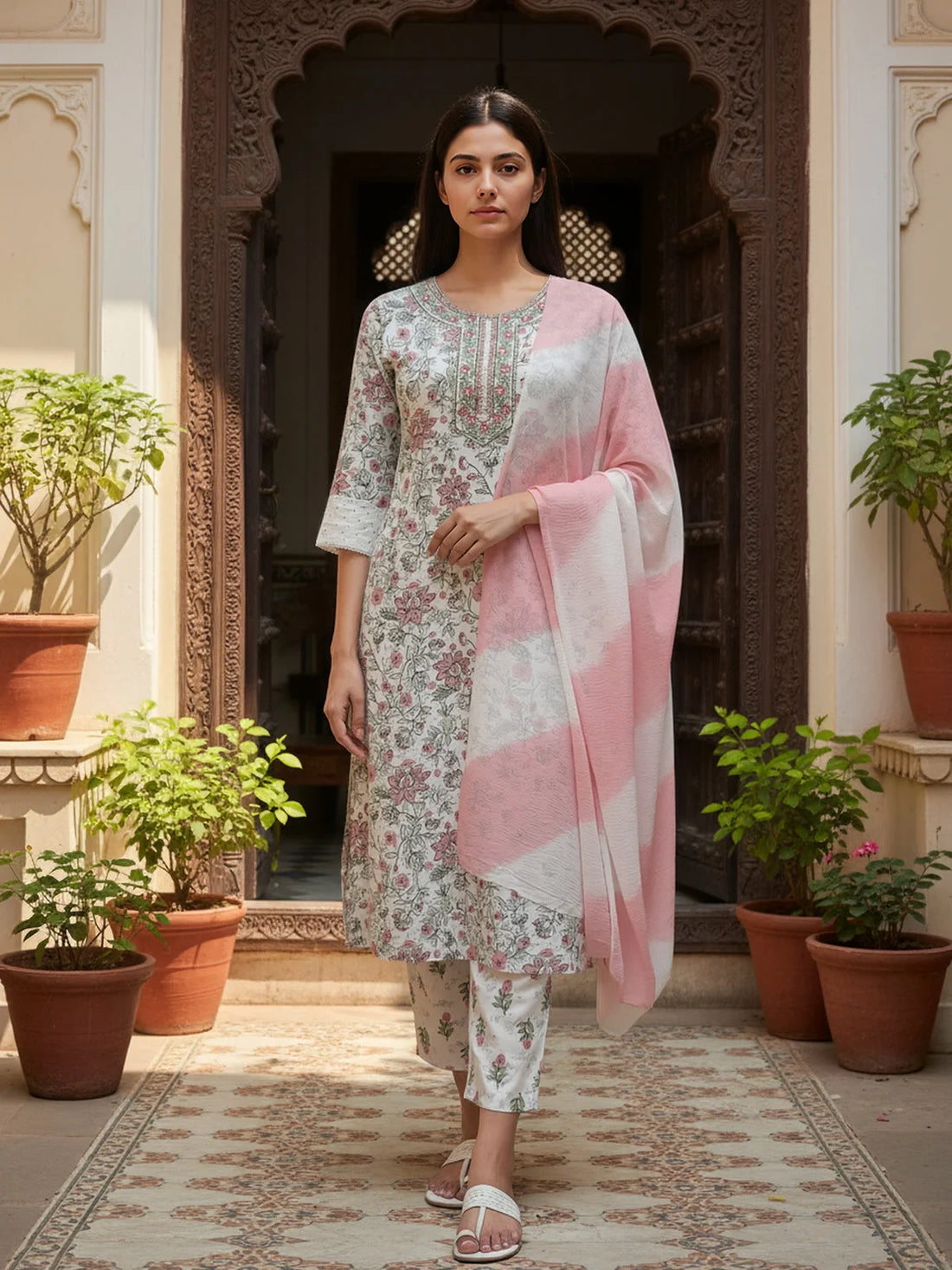 Buy Rayon Embroidered Straight Calf Length Kurta with Pant and Dupatta-White