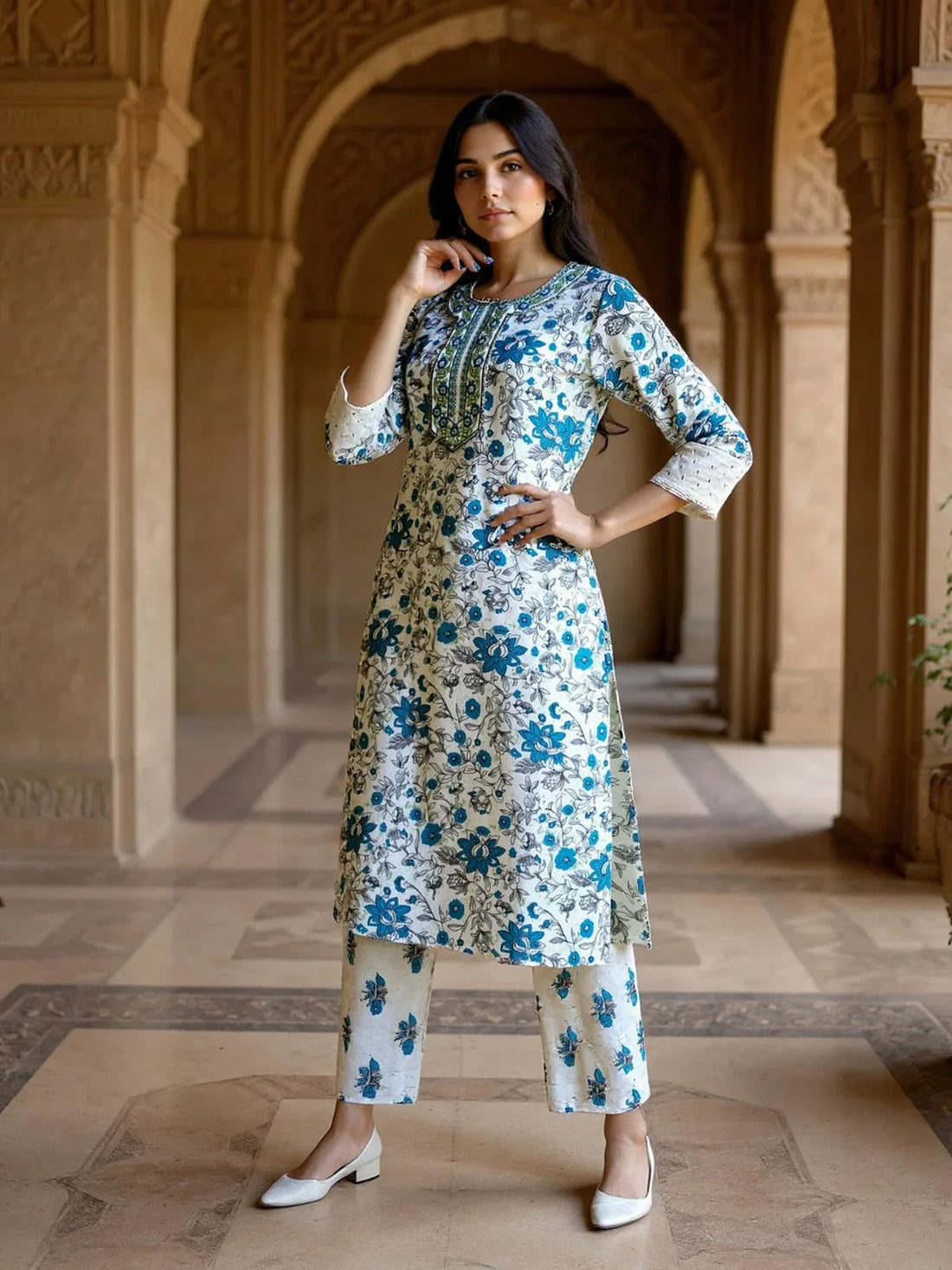 Buy Rayon Embroidered Straight Calf Length Kurta with Pant and Dupatta-White