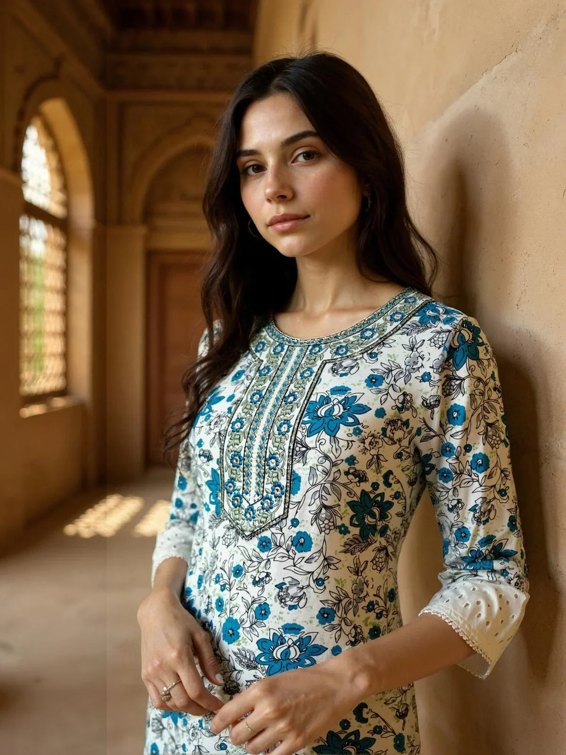 Buy Rayon Embroidered Straight Calf Length Kurta with Pant and Dupatta-White