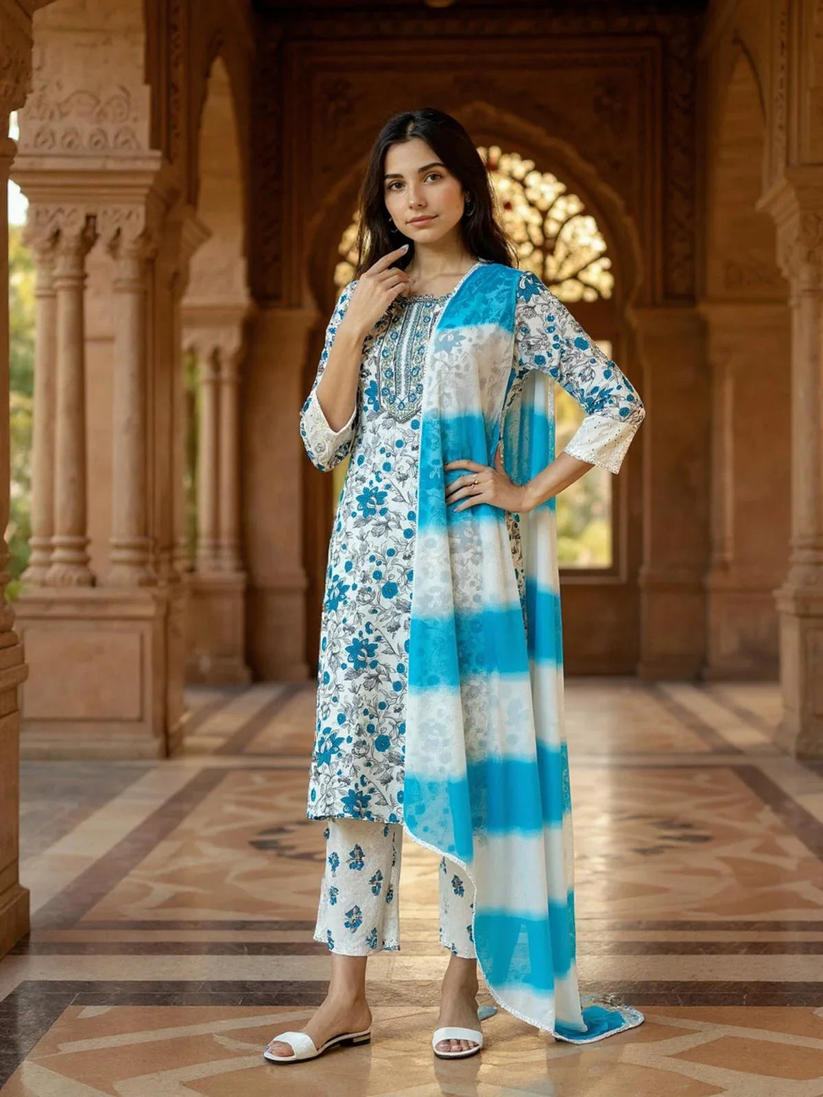 Buy Rayon Embroidered Straight Calf Length Kurta with Pant and Dupatta-White