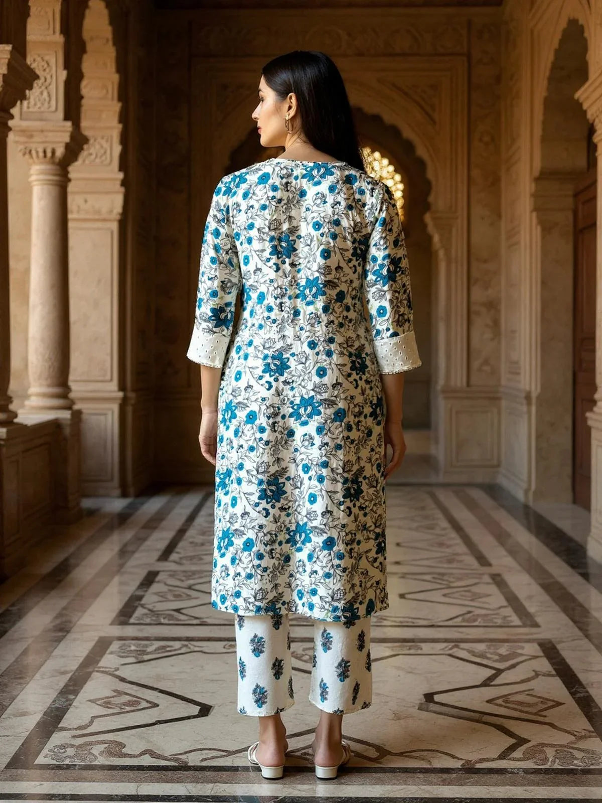 Buy Rayon Embroidered Straight Calf Length Kurta with Pant and Dupatta-White
