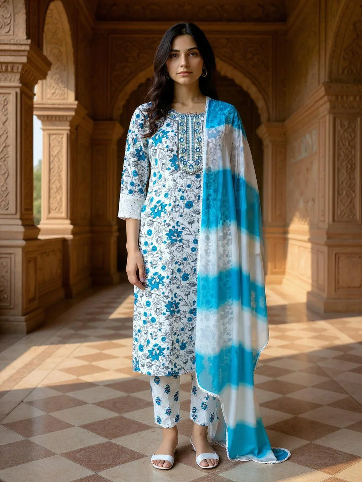 Buy Rayon Embroidered Straight Calf Length Kurta with Pant and Dupatta-White