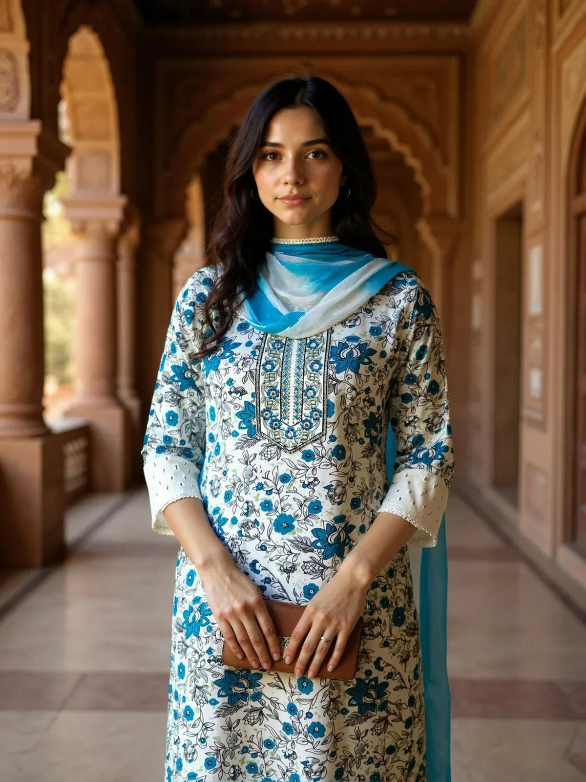 Buy Rayon Embroidered Straight Calf Length Kurta with Pant and Dupatta-White