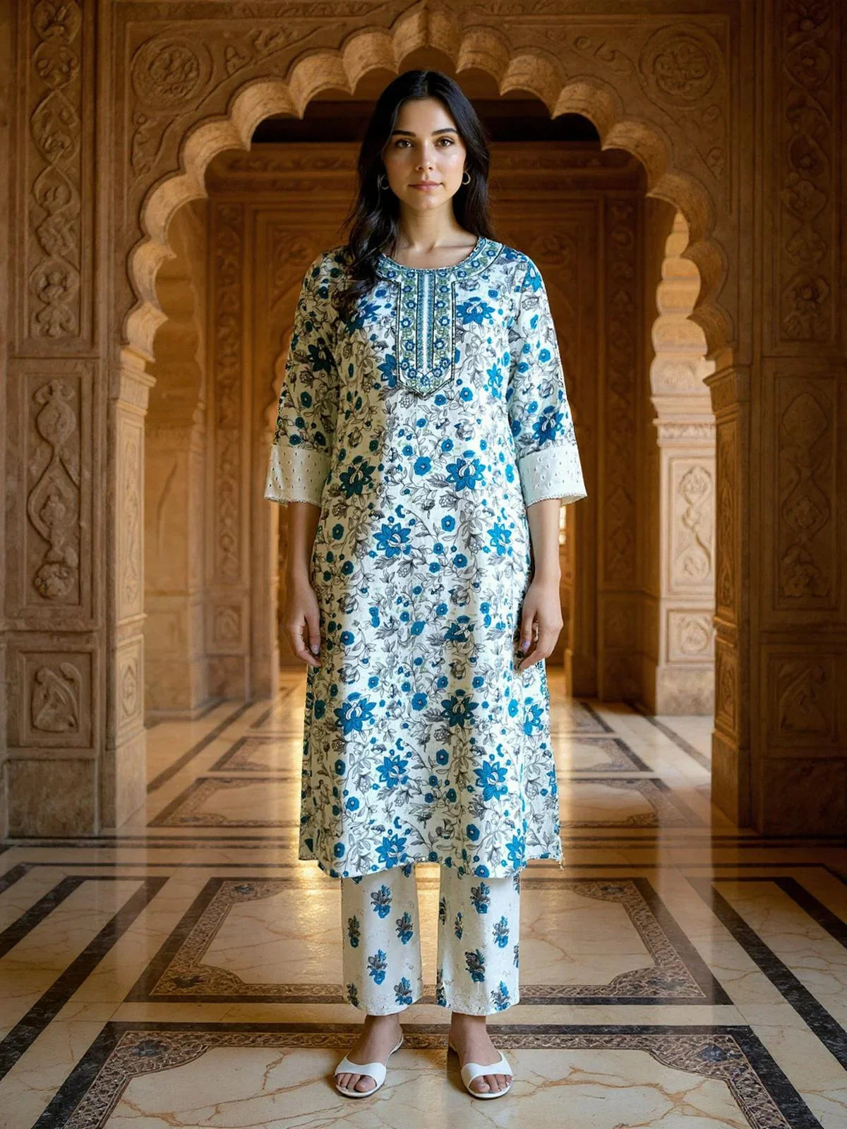 Buy Rayon Embroidered Straight Calf Length Kurta with Pant and Dupatta-White