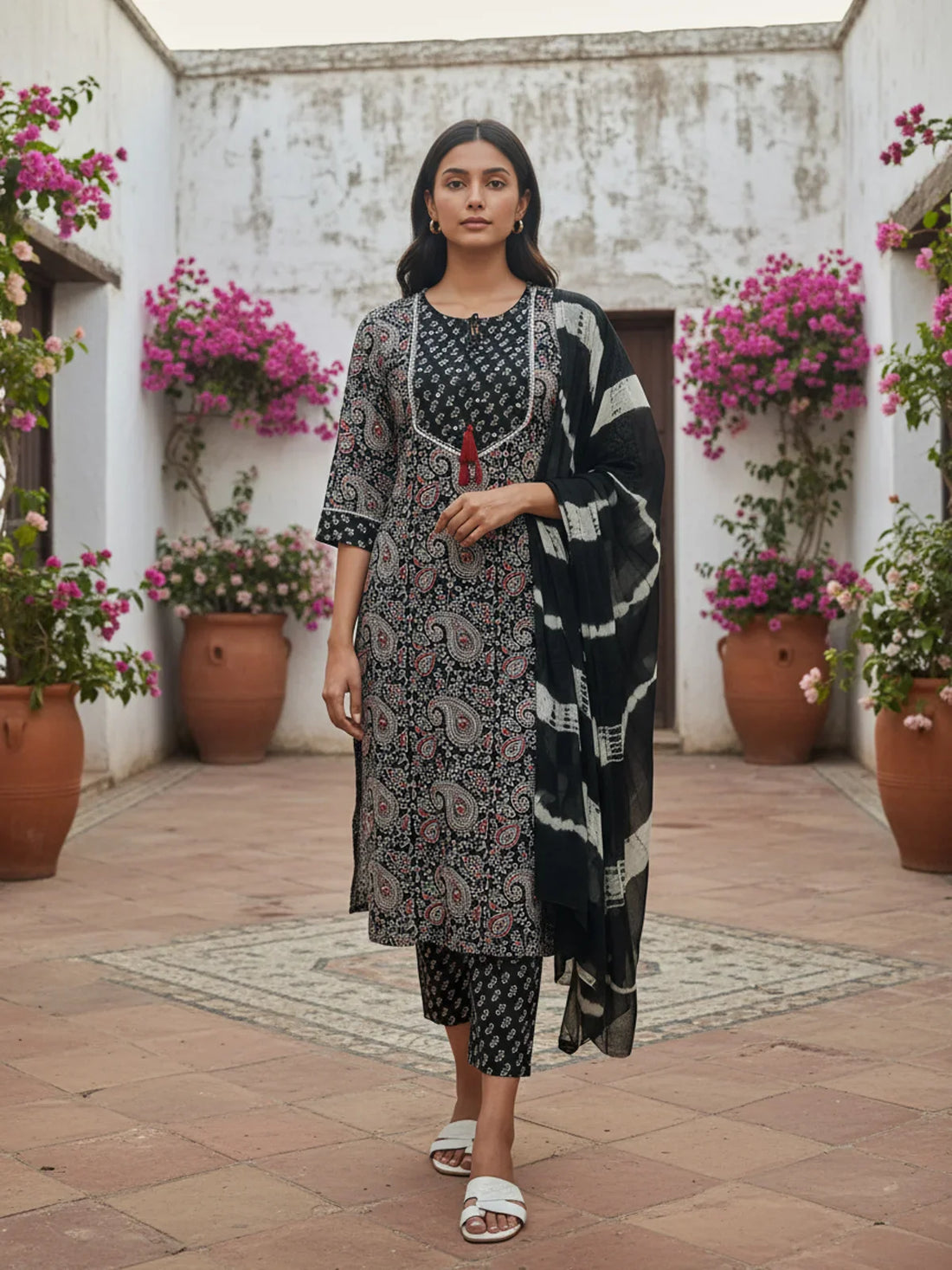 Buy Rayon Printed Straight Calf Length Kurta with Pant and Dupatta-Navy Blue