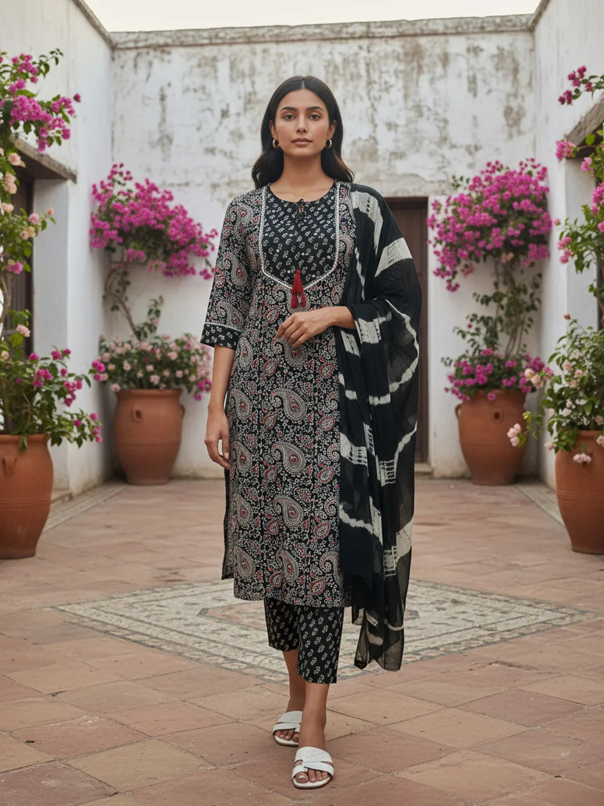 Buy Rayon Printed Straight Calf Length Kurta with Pant and Dupatta-Navy Blue
