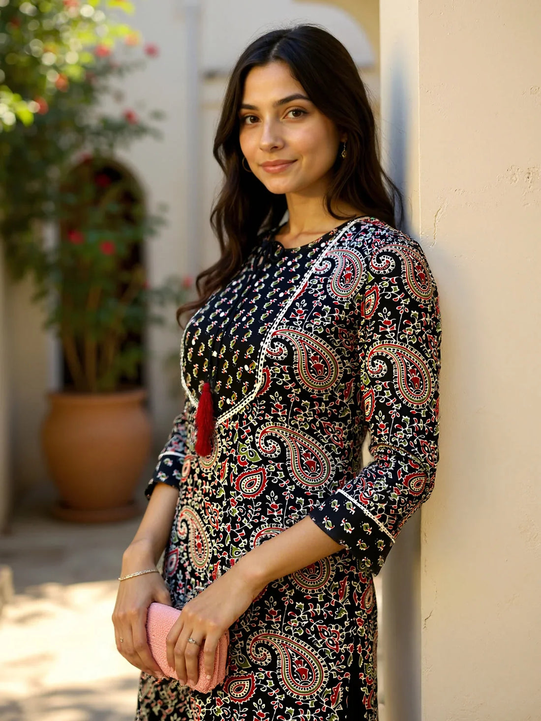 Buy Rayon Printed Straight Calf Length Kurta with Pant and Dupatta-Navy Blue