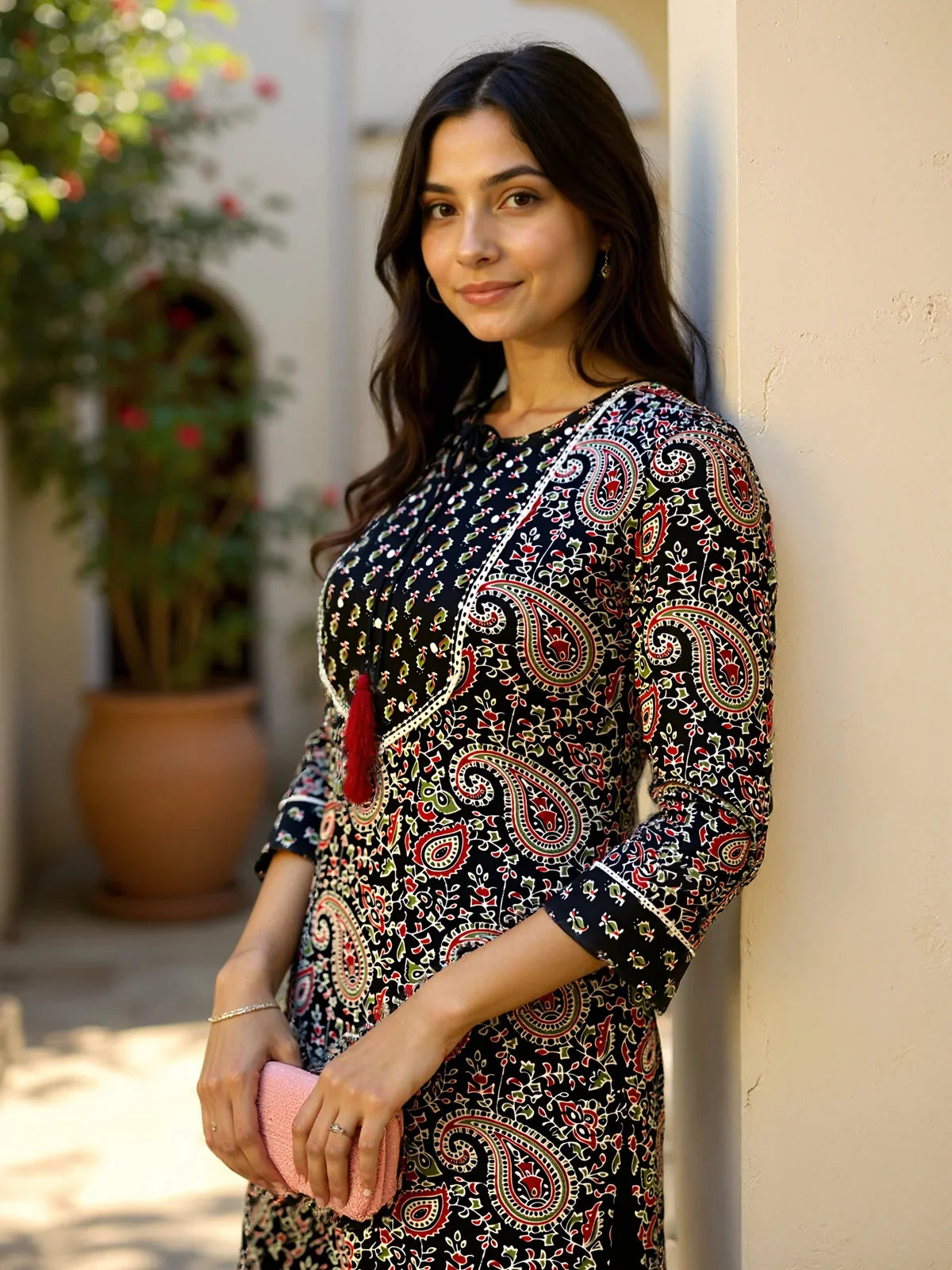 Buy Rayon Printed Straight Calf Length Kurta with Pant and Dupatta-Navy Blue