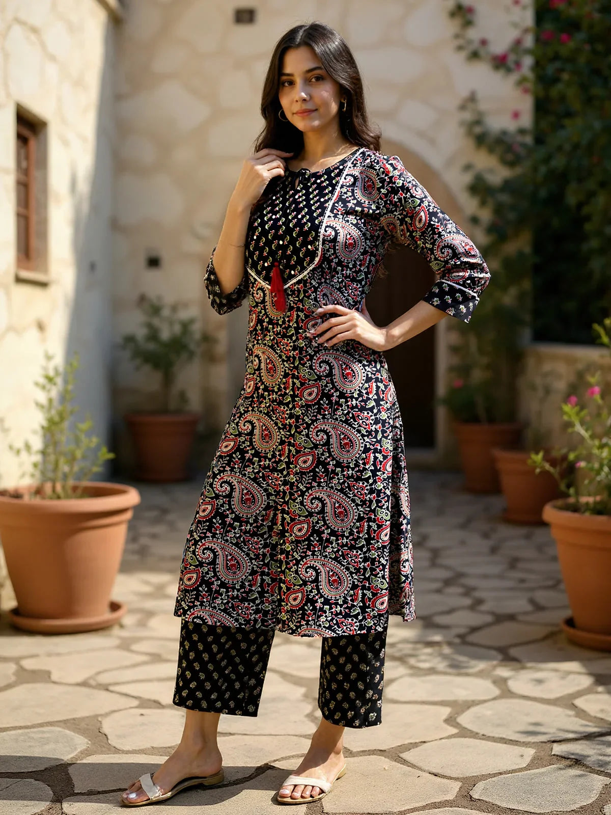 Buy Rayon Printed Straight Calf Length Kurta with Pant and Dupatta-Navy Blue