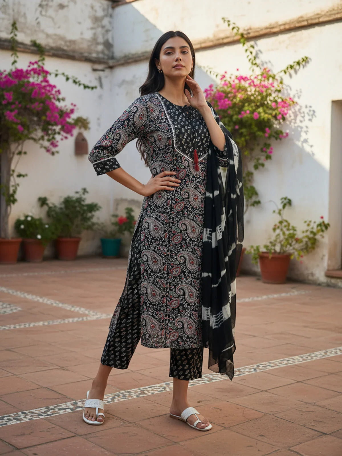 Buy Rayon Printed Straight Calf Length Kurta with Pant and Dupatta-Navy Blue