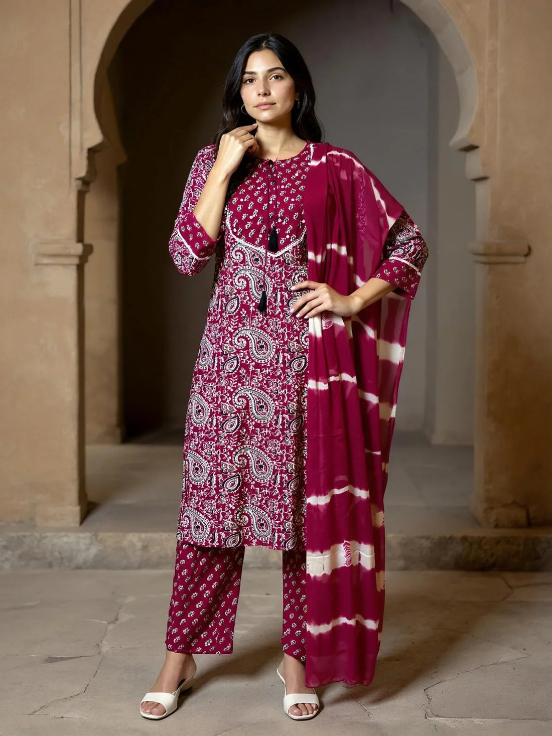 Buy Rayon Printed Straight Calf Length Kurta with Pant and Dupatta-Red
