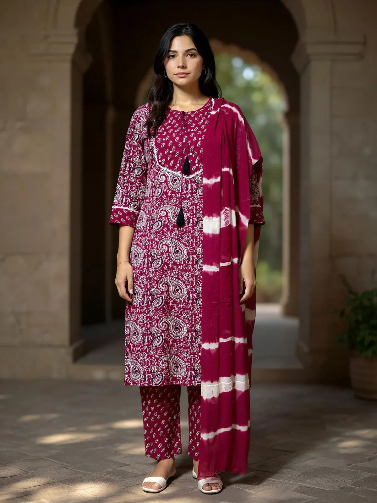 Buy Rayon Printed Straight Calf Length Kurta with Pant and Dupatta-Red
