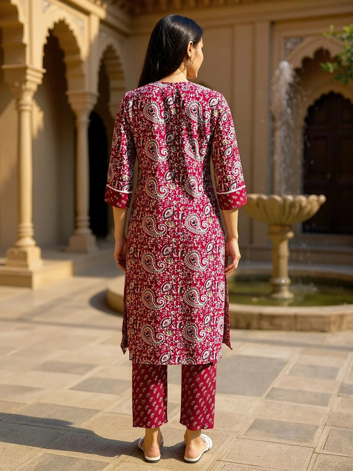 Buy Rayon Printed Straight Calf Length Kurta with Pant and Dupatta-Red