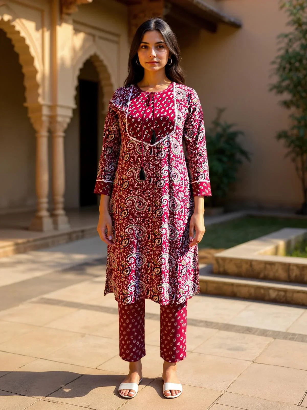 Buy Rayon Printed Straight Calf Length Kurta with Pant and Dupatta-Red