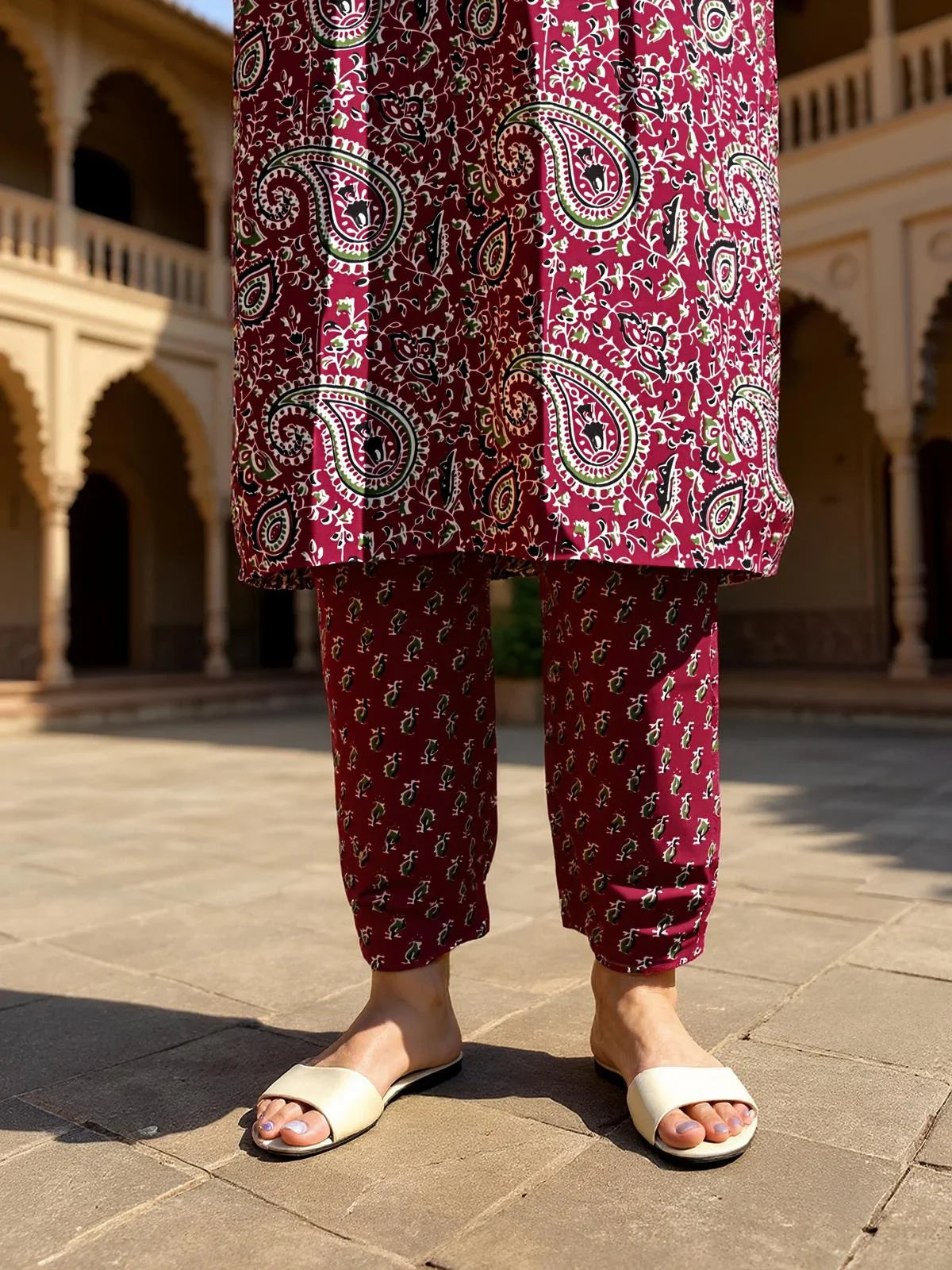 Buy Rayon Printed Straight Calf Length Kurta with Pant and Dupatta-Red