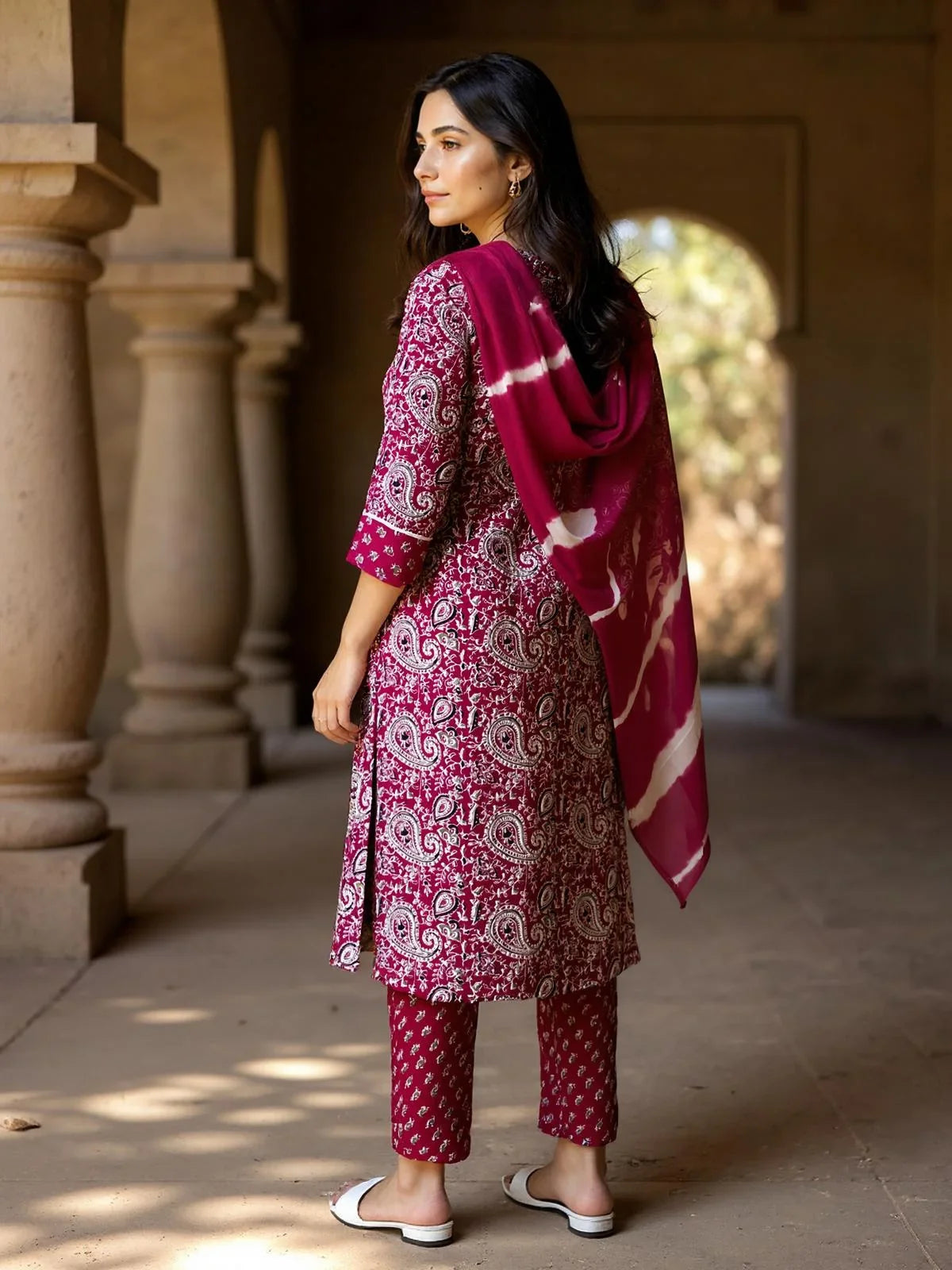 Buy Rayon Printed Straight Calf Length Kurta with Pant and Dupatta-Red