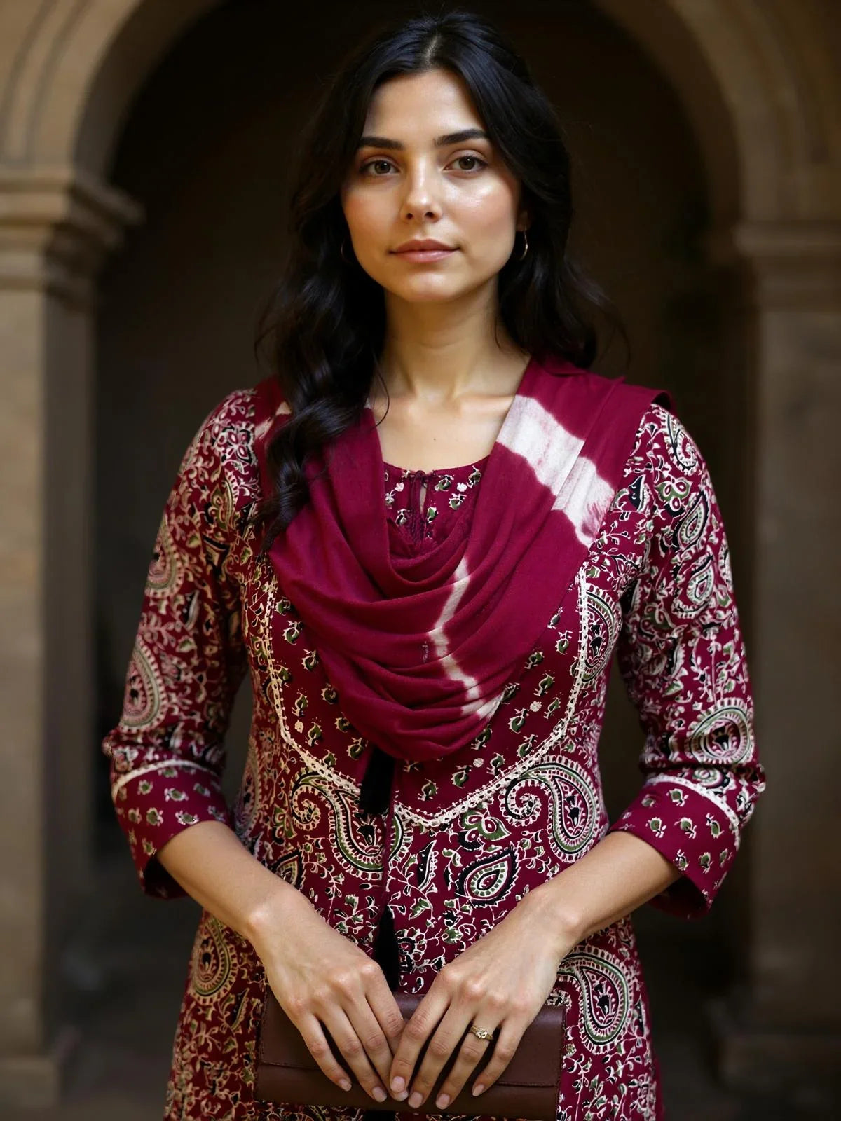 Buy Rayon Printed Straight Calf Length Kurta with Pant and Dupatta-Red