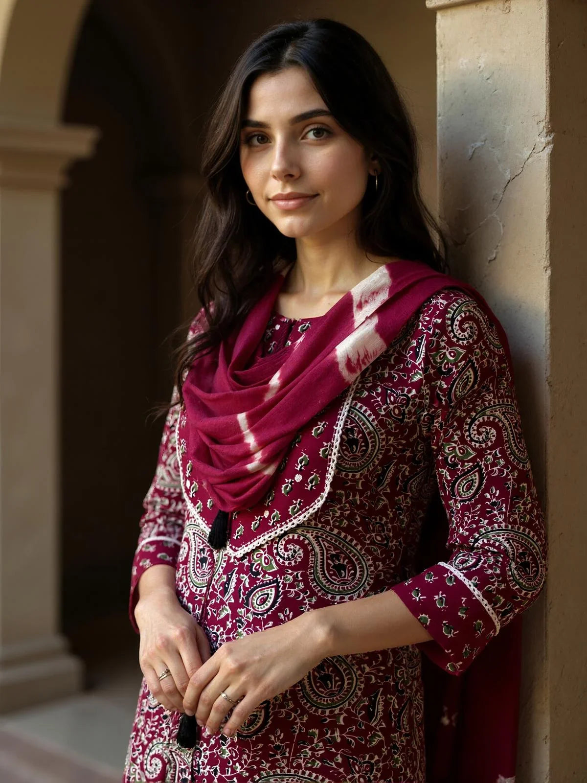 Buy Rayon Printed Straight Calf Length Kurta with Pant and Dupatta-Red
