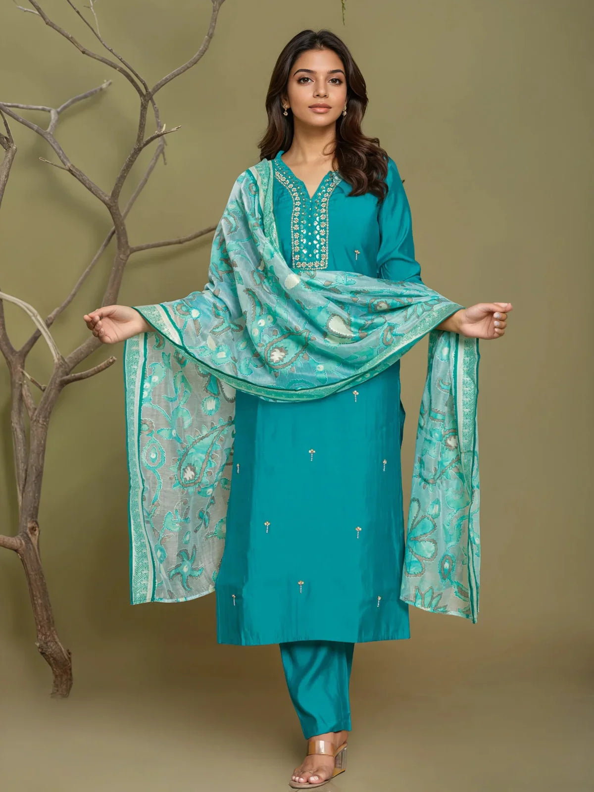 Buy Poly Viscose Embroidered Straight Calf Length Kurta with Pant and Dupatta-Teal