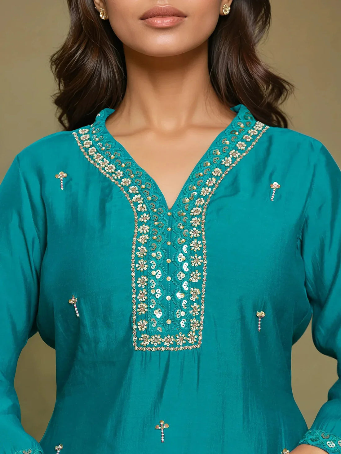 Buy Poly Viscose Embroidered Straight Calf Length Kurta with Pant and Dupatta-Teal