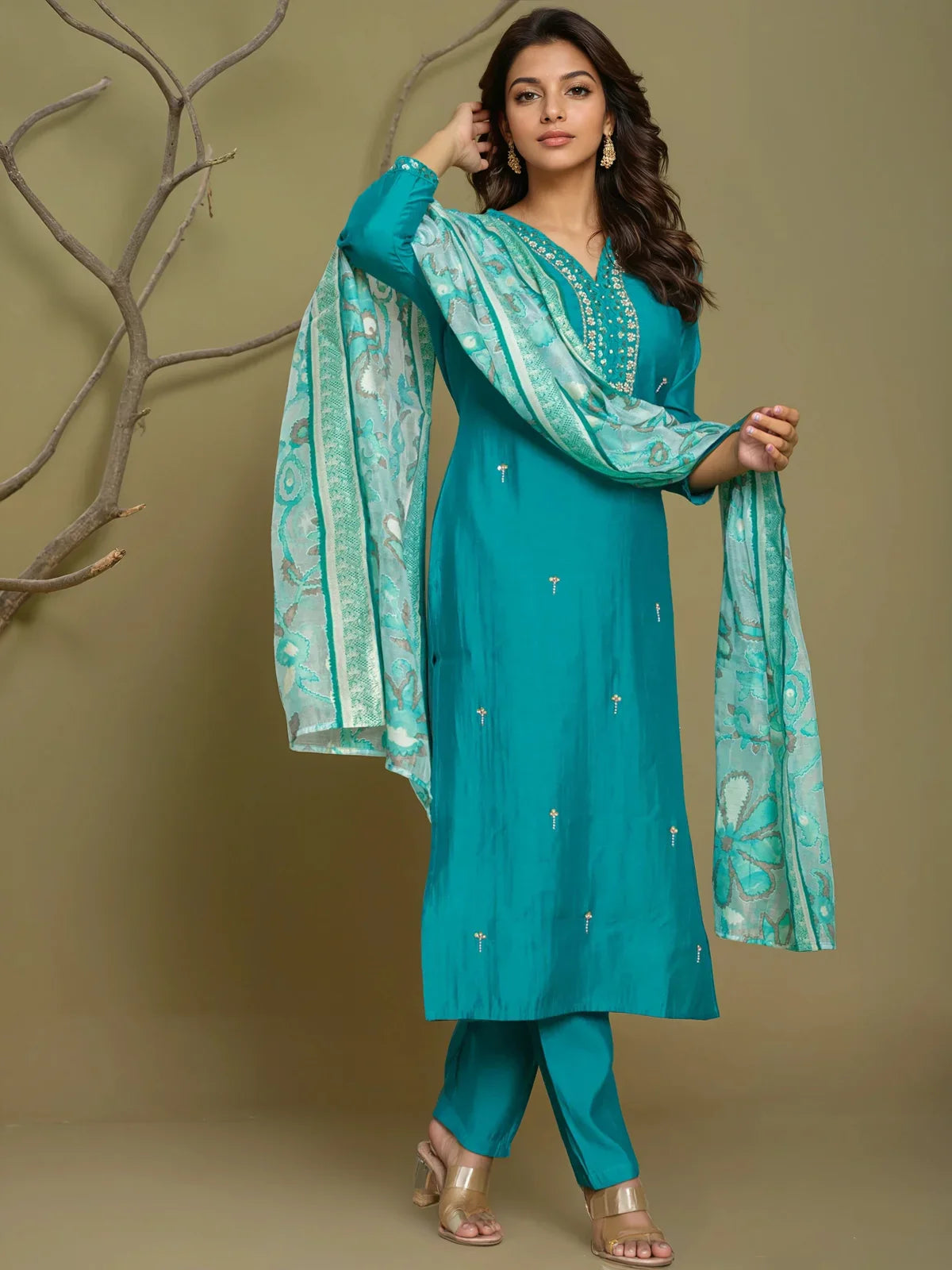 Buy Poly Viscose Embroidered Straight Calf Length Kurta with Pant and Dupatta-Teal