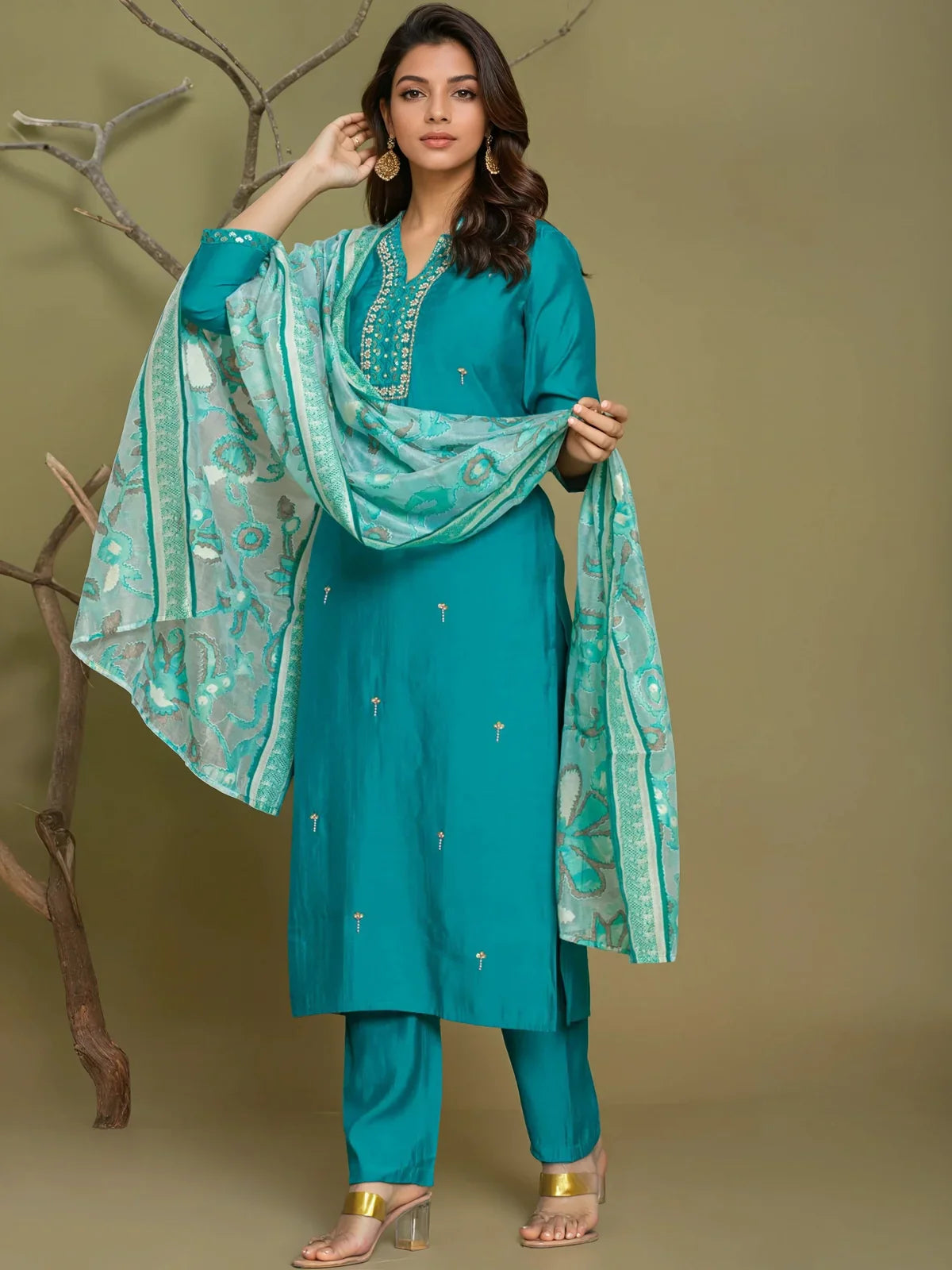Buy Poly Viscose Embroidered Straight Calf Length Kurta with Pant and Dupatta-Teal