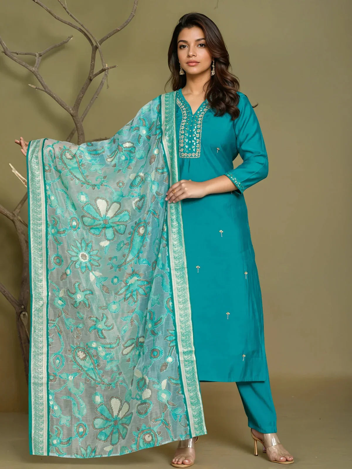 Buy Poly Viscose Embroidered Straight Calf Length Kurta with Pant and Dupatta-Teal
