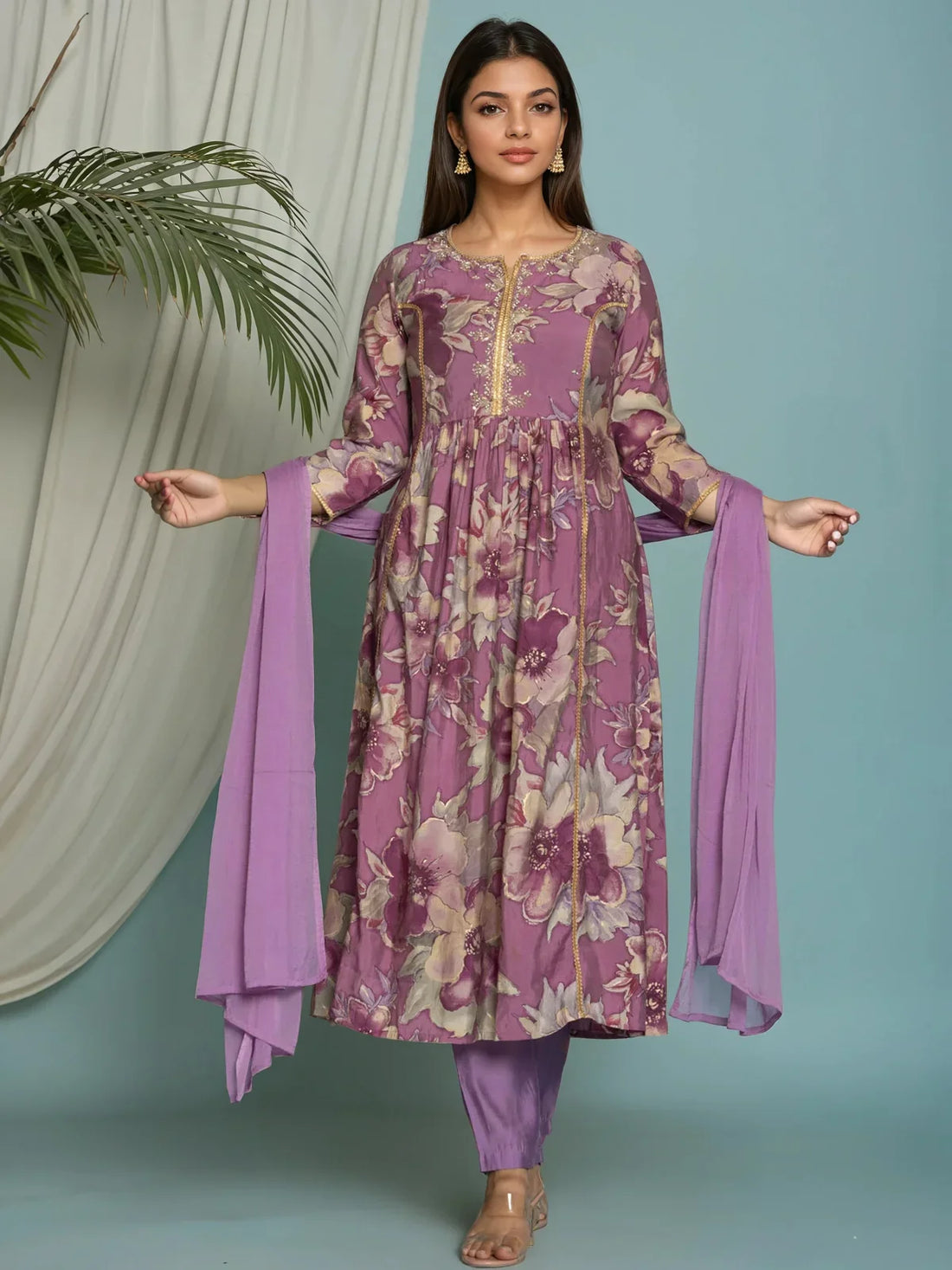 Buy Viscose Poly Embroidered Flared Calf Length Kurta with Pant and Dupatta-Purple