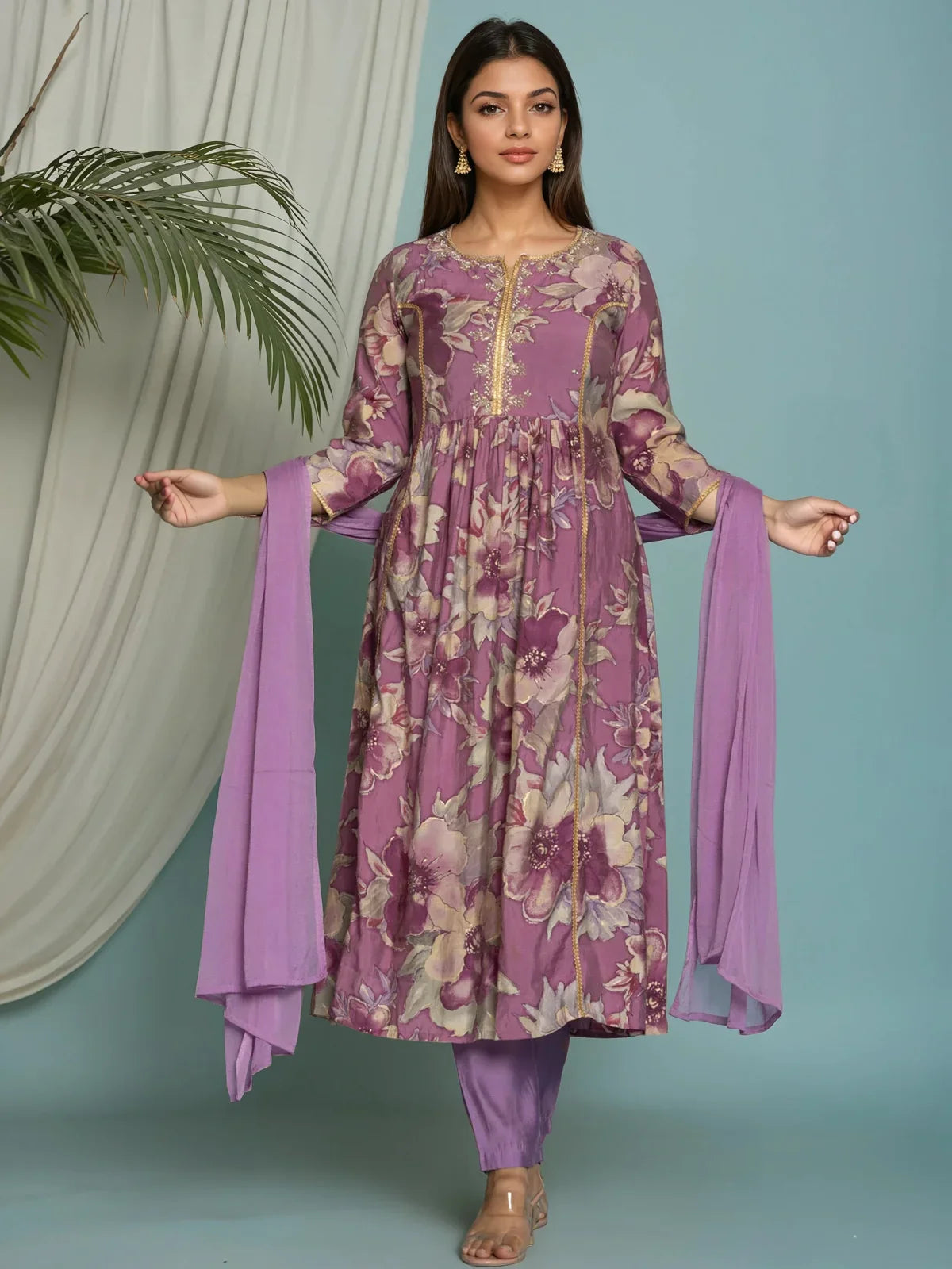 Buy Viscose Poly Embroidered Flared Calf Length Kurta with Pant and Dupatta-Purple
