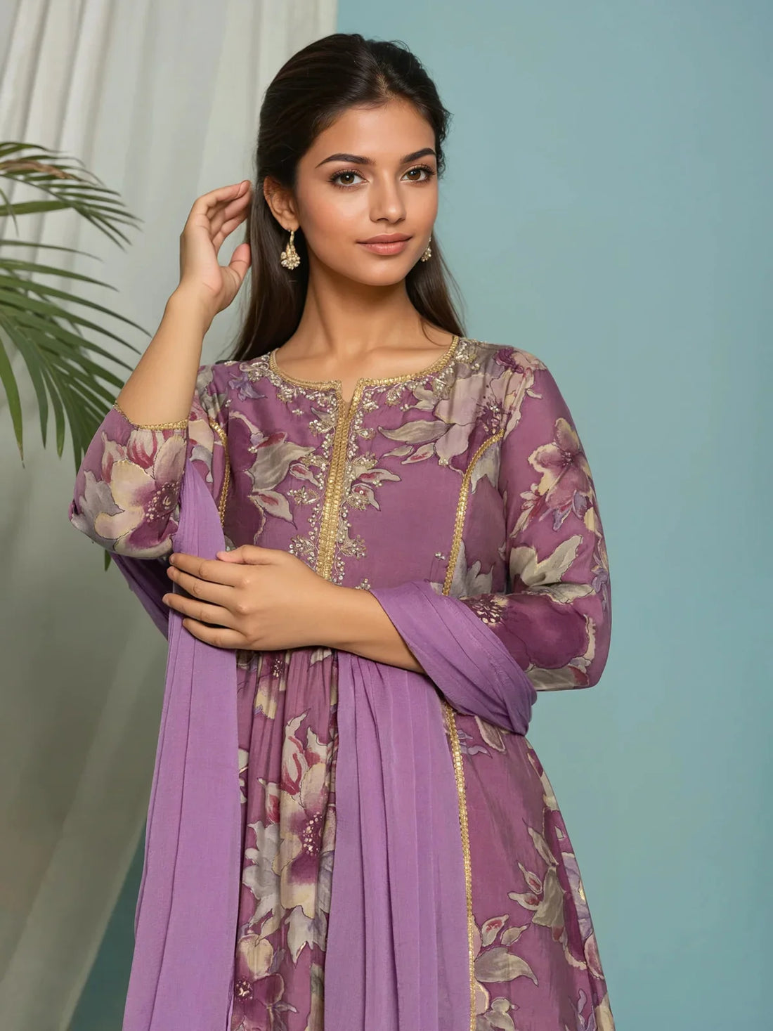 Buy Viscose Poly Embroidered Flared Calf Length Kurta with Pant and Dupatta-Purple