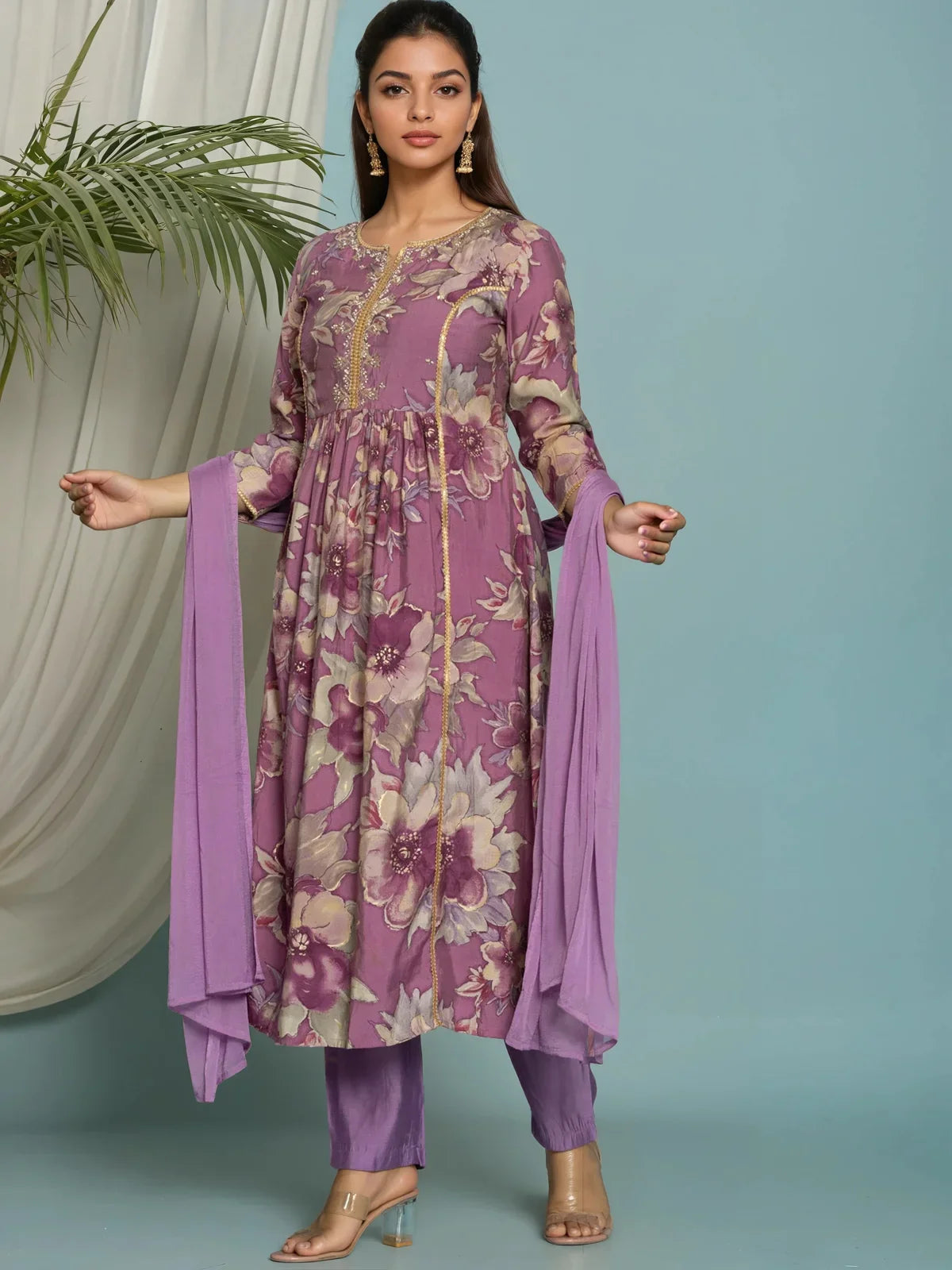 Buy Viscose Poly Embroidered Flared Calf Length Kurta with Pant and Dupatta-Purple