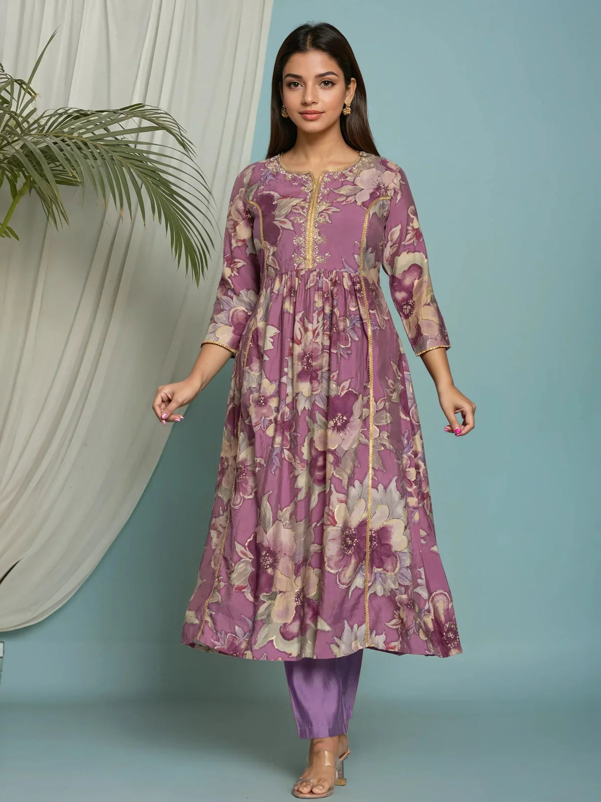 Buy Viscose Poly Embroidered Flared Calf Length Kurta with Pant and Dupatta-Purple