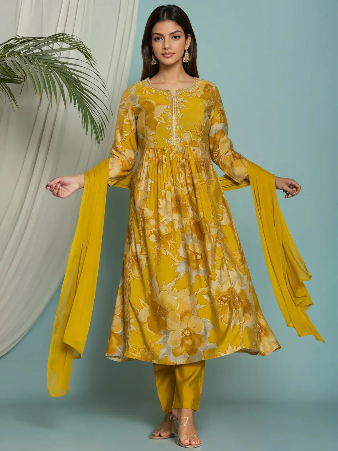 Buy Viscose Poly Embroidered Flared Calf Length Kurta with Pant and Dupatta-Yellow