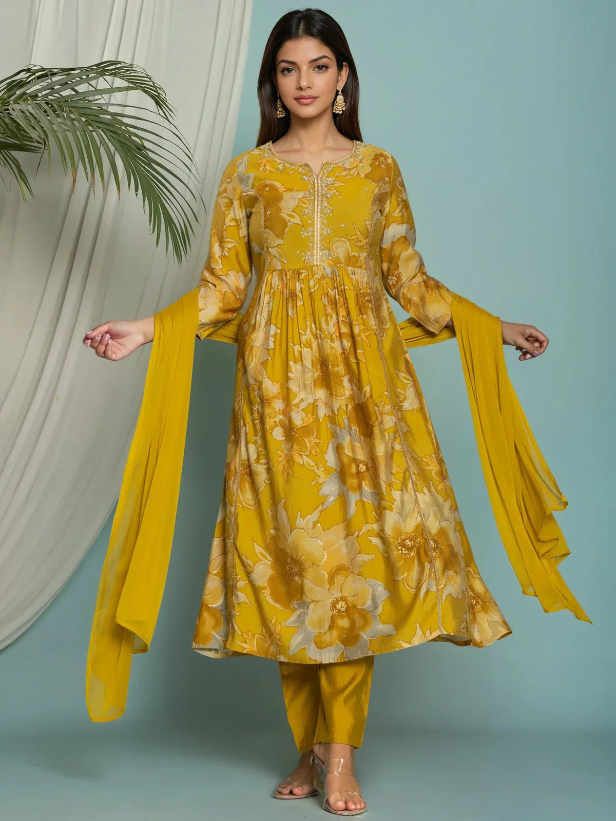 Buy Viscose Poly Embroidered Flared Calf Length Kurta with Pant and Dupatta-Yellow