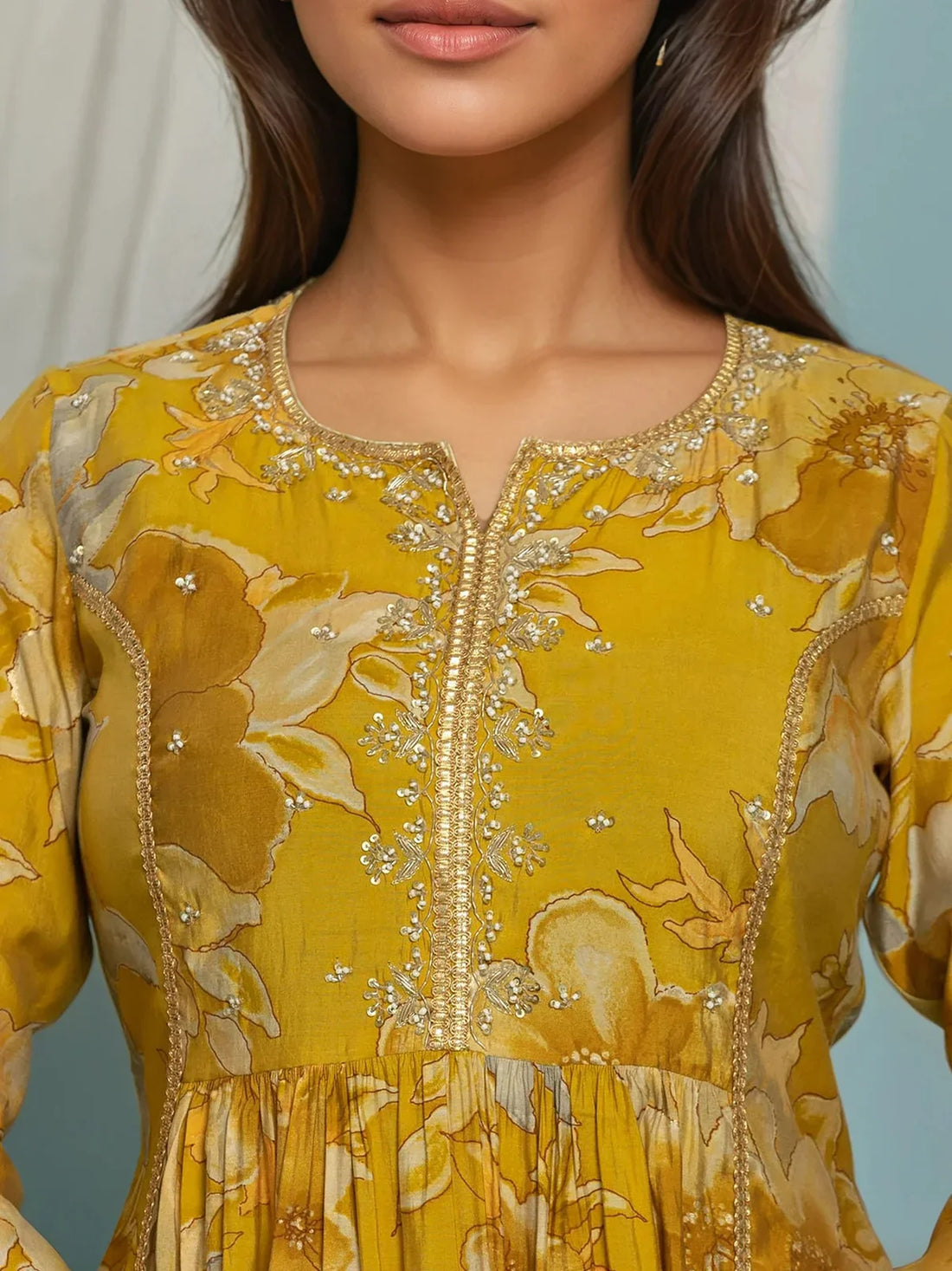 Buy Viscose Poly Embroidered Flared Calf Length Kurta with Pant and Dupatta-Yellow