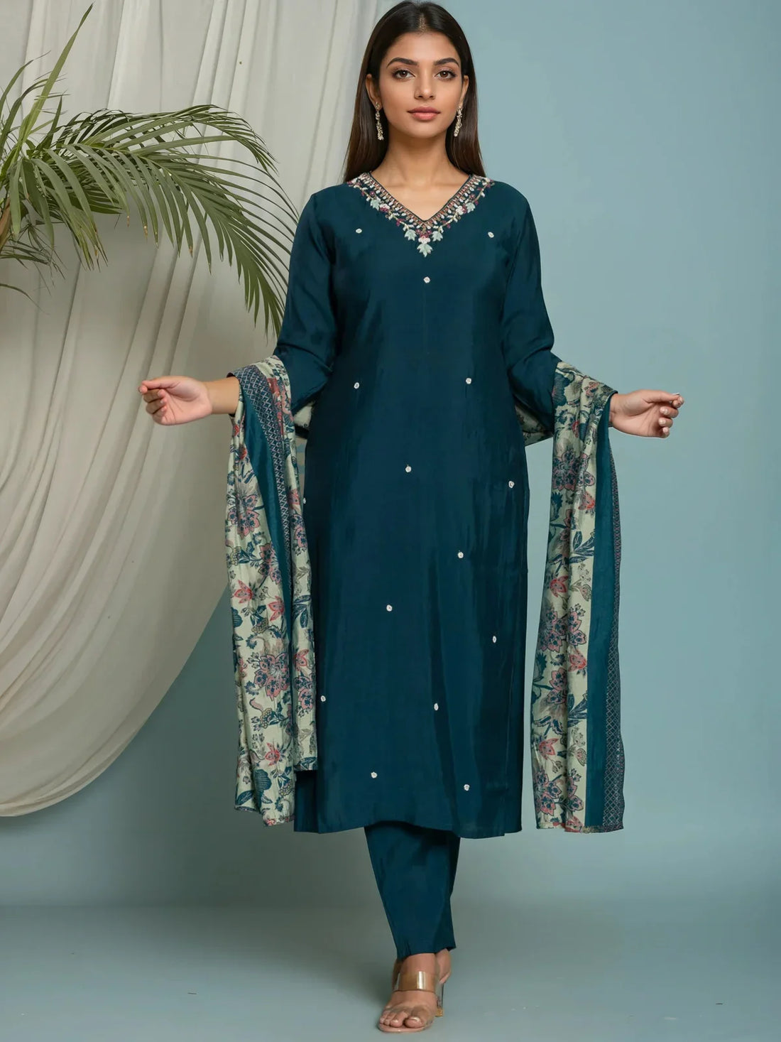 Buy Viscose Poly Embroidered Straight Calf Length Kurta with Pant and Dupatta-Teal