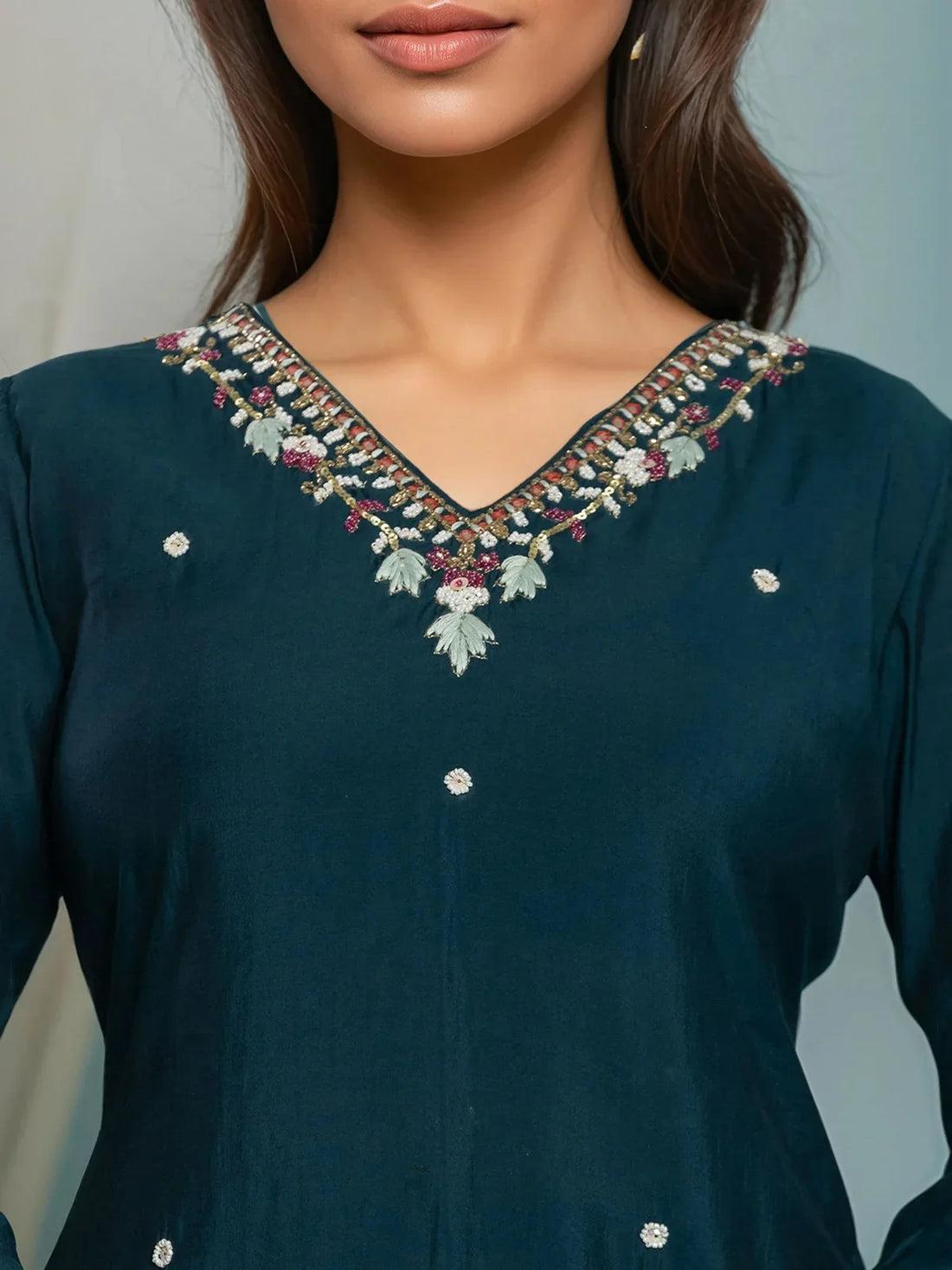 Buy Viscose Poly Embroidered Straight Calf Length Kurta with Pant and Dupatta-Teal