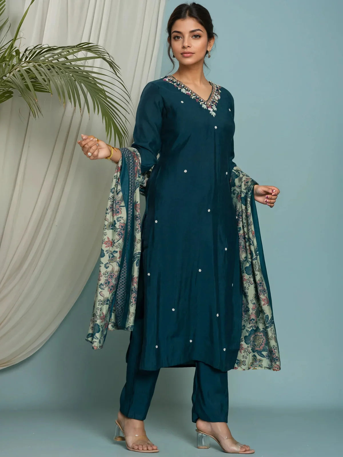 Buy Viscose Poly Embroidered Straight Calf Length Kurta with Pant and Dupatta-Teal