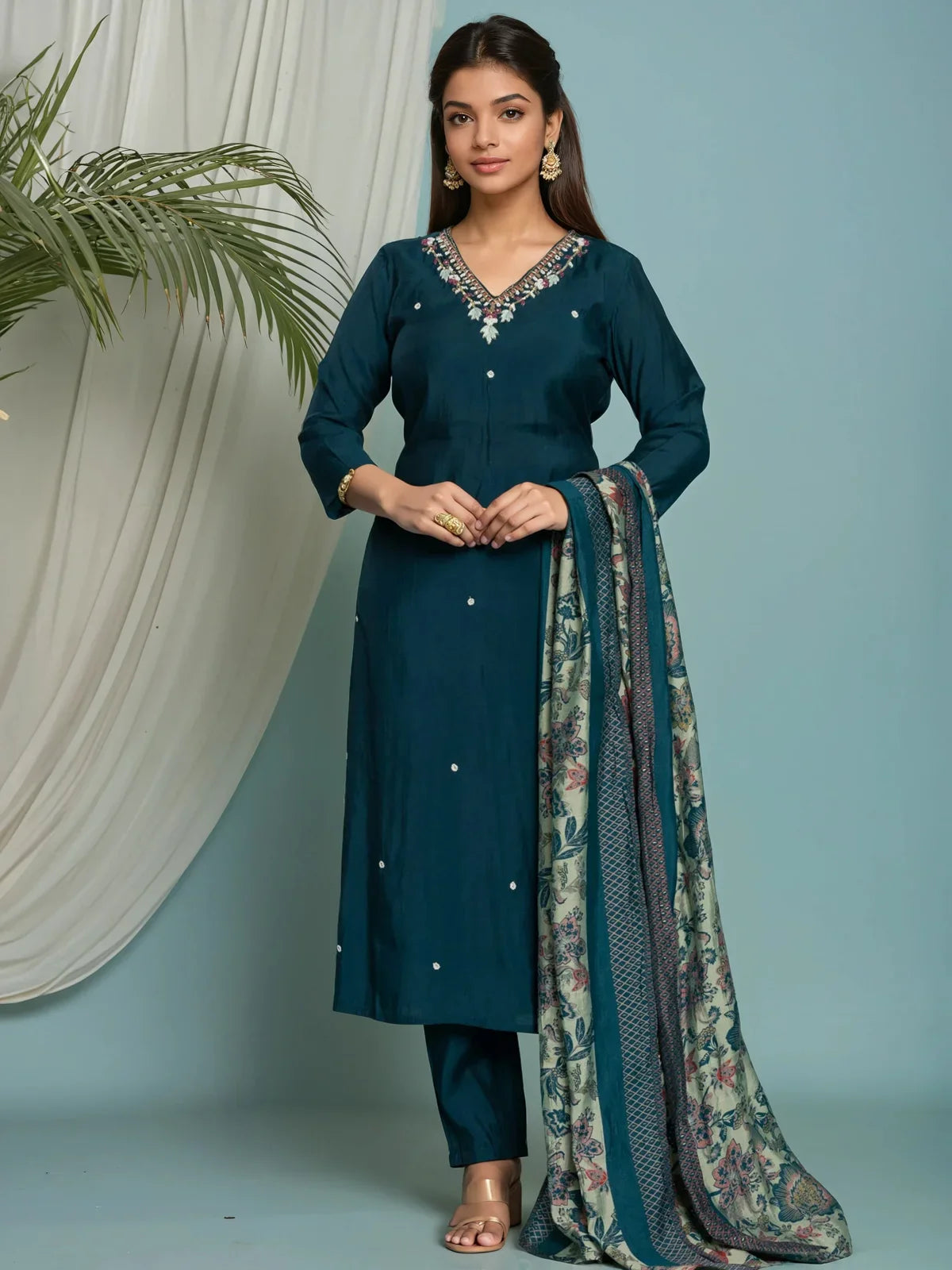 Buy Viscose Poly Embroidered Straight Calf Length Kurta with Pant and Dupatta-Teal