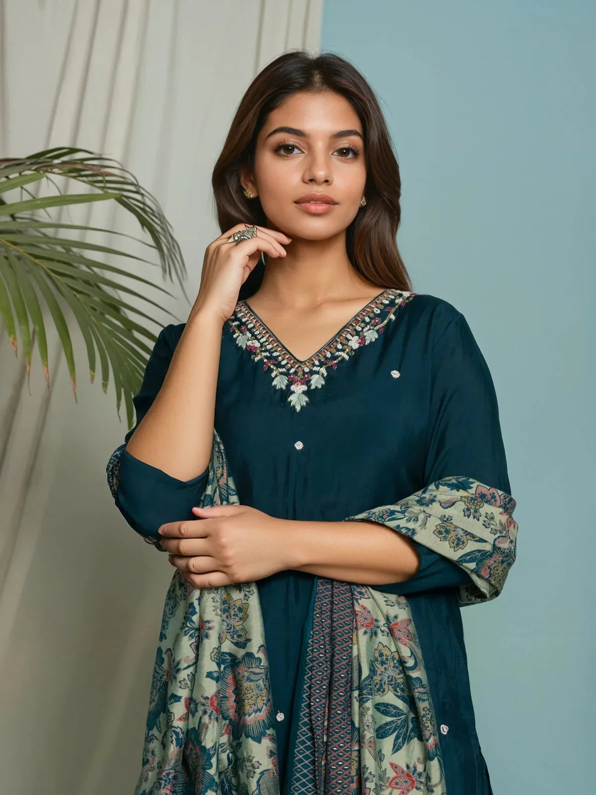 Buy Viscose Poly Embroidered Straight Calf Length Kurta with Pant and Dupatta-Teal