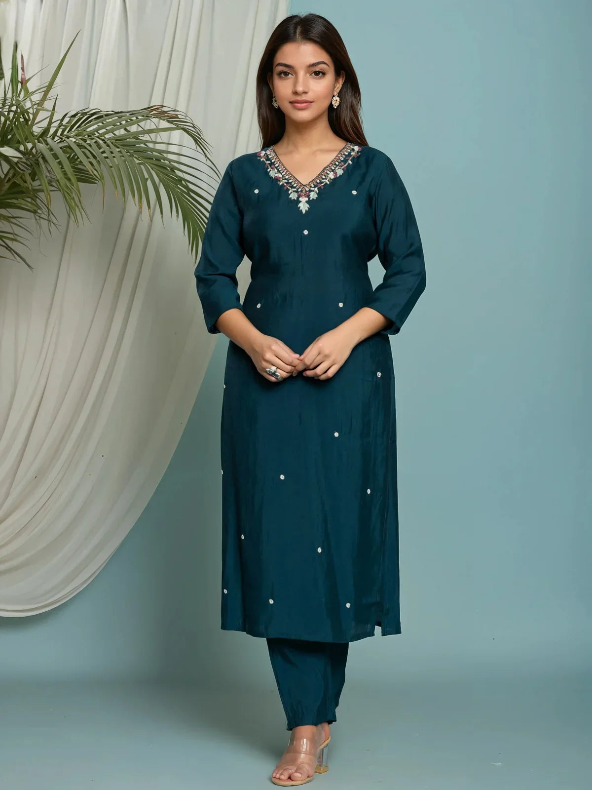 Buy Viscose Poly Embroidered Straight Calf Length Kurta with Pant and Dupatta-Teal