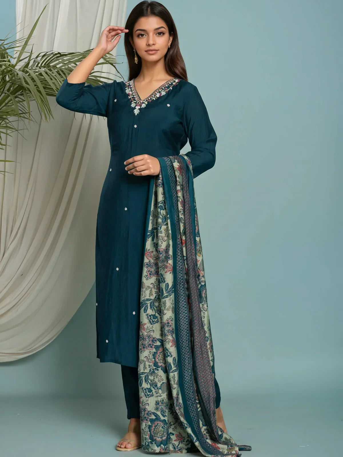 Buy Viscose Poly Embroidered Straight Calf Length Kurta with Pant and Dupatta-Teal