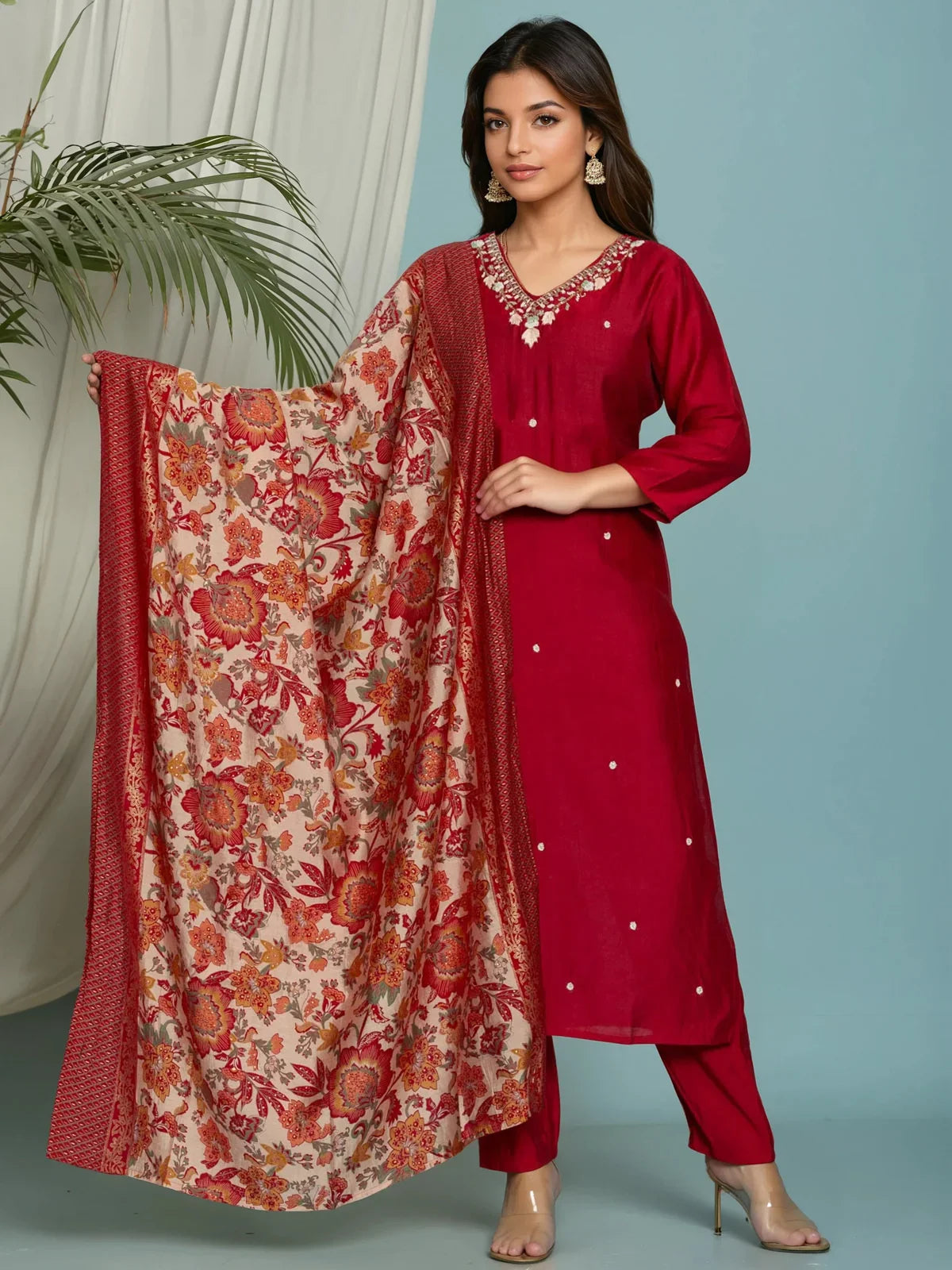 Buy Viscose Poly Embroidered Straight Calf Length Kurta with Pant and Dupatta-Red