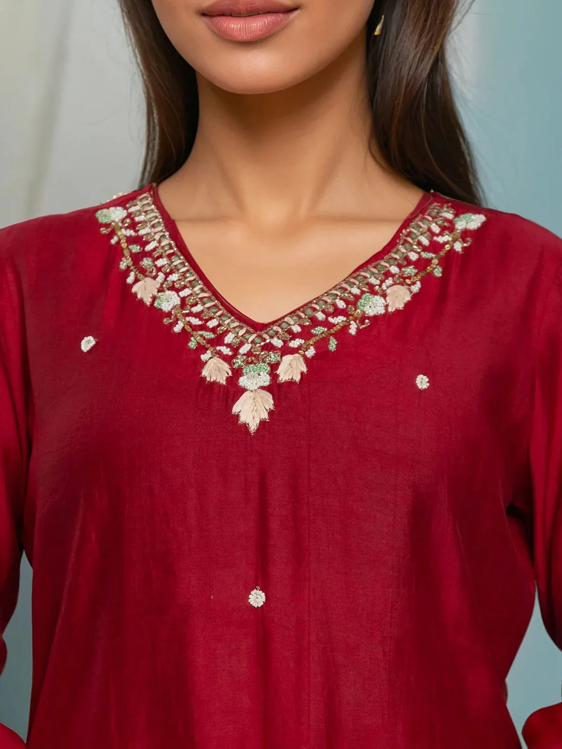 Buy Viscose Poly Embroidered Straight Calf Length Kurta with Pant and Dupatta-Red
