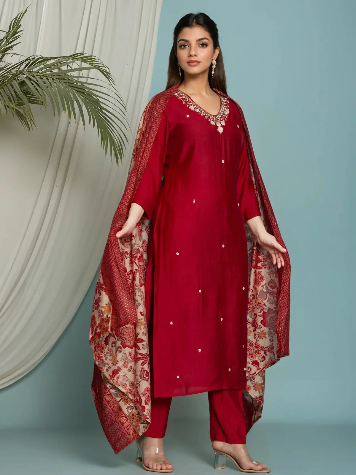 Buy Viscose Poly Embroidered Straight Calf Length Kurta with Pant and Dupatta-Red