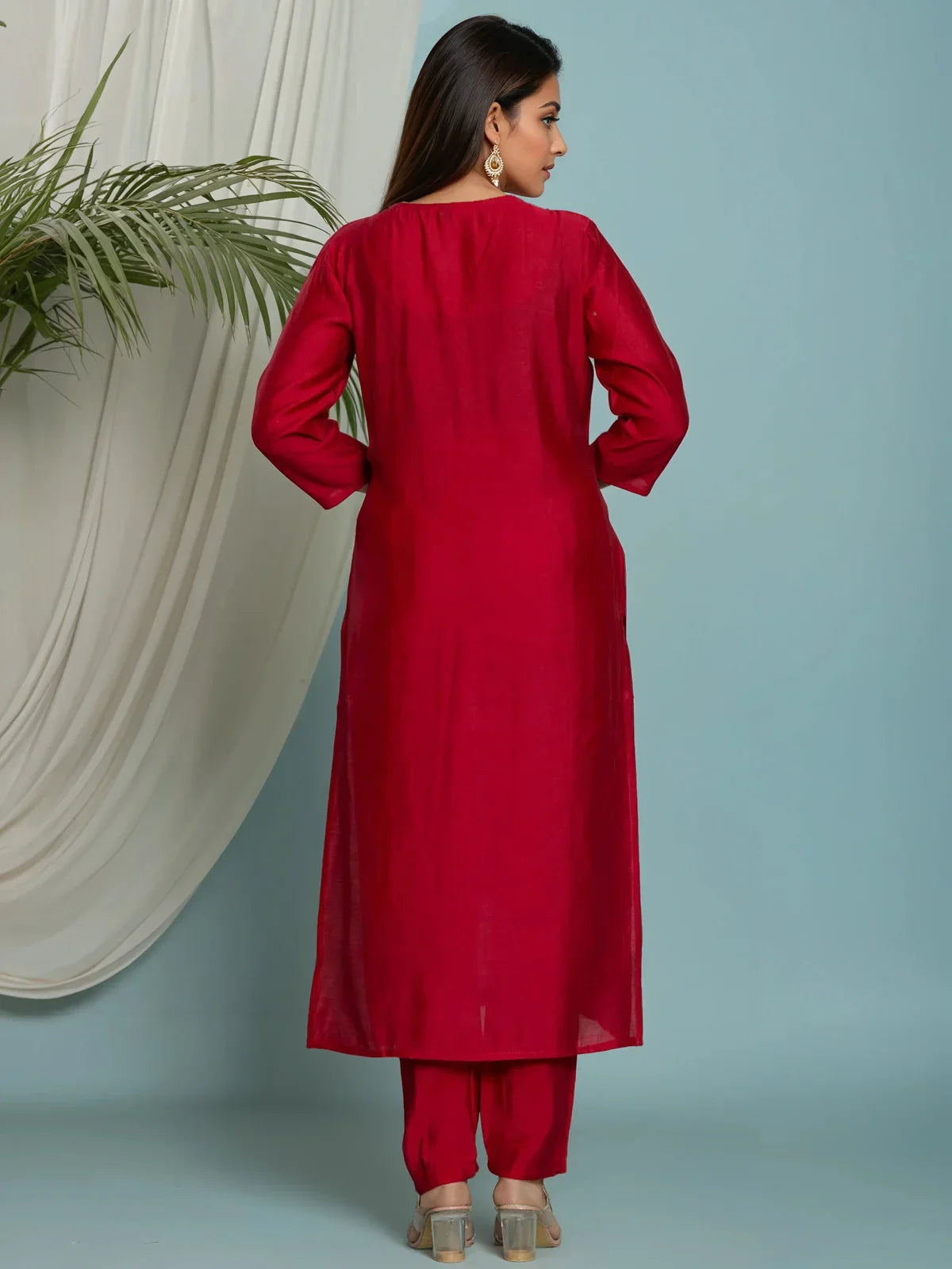 Buy Viscose Poly Embroidered Straight Calf Length Kurta with Pant and Dupatta-Red