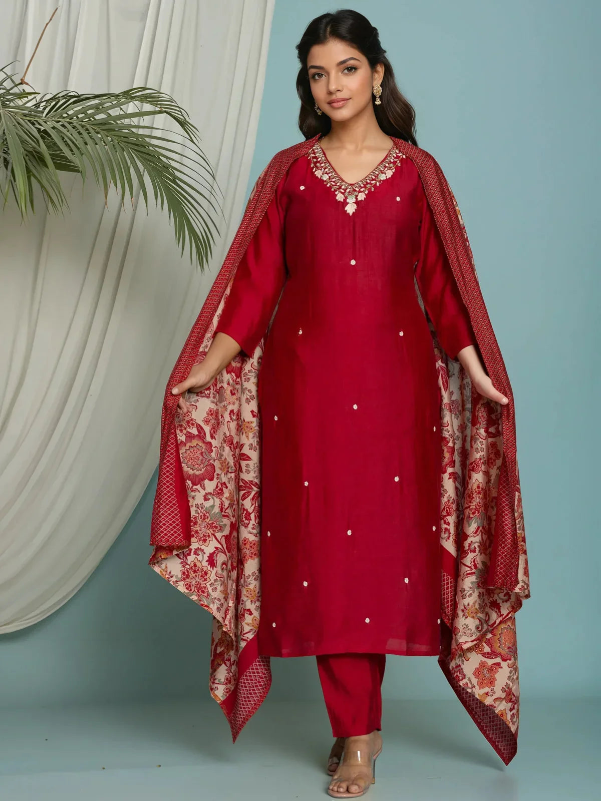 Buy Viscose Poly Embroidered Straight Calf Length Kurta with Pant and Dupatta-Red