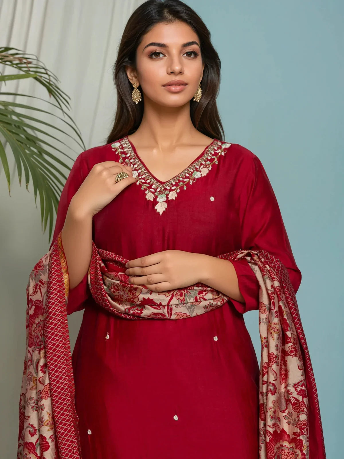 Buy Viscose Poly Embroidered Straight Calf Length Kurta with Pant and Dupatta-Red