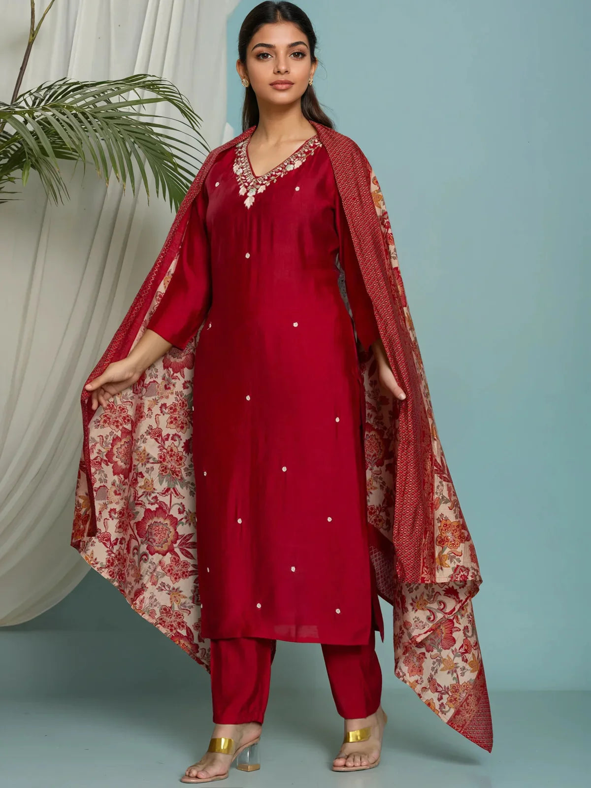 Buy Viscose Poly Embroidered Straight Calf Length Kurta with Pant and Dupatta-Red