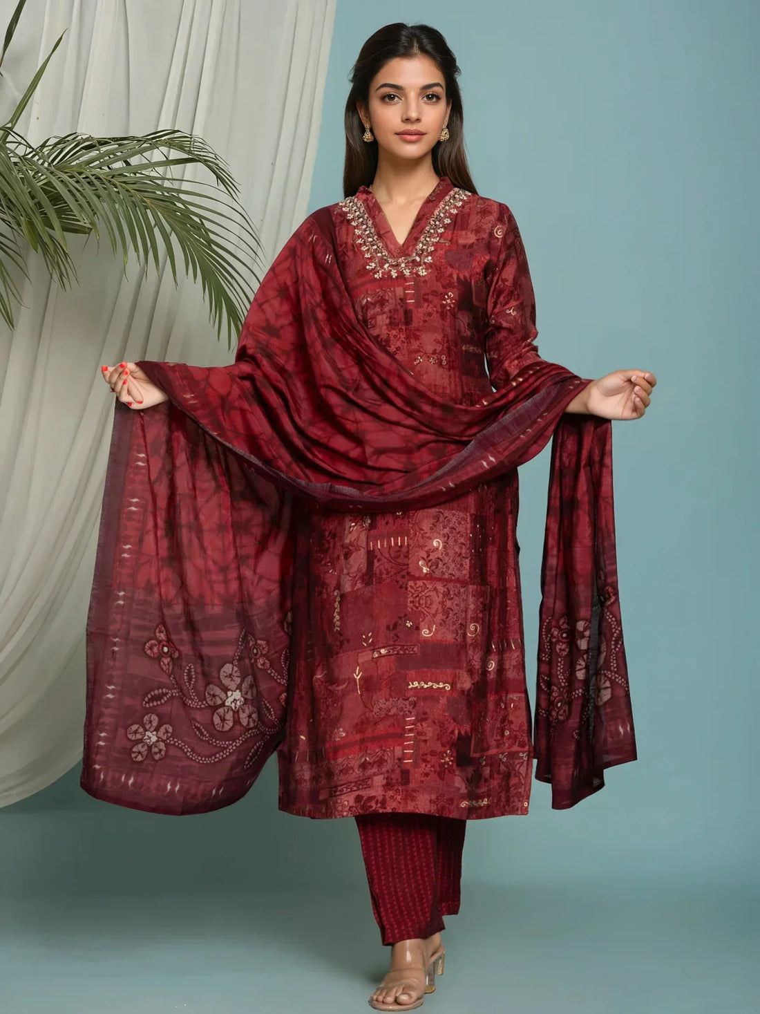 Buy Poly Viscose Embroidered Straight Calf Length Kurta with Pant and Dupatta-Red